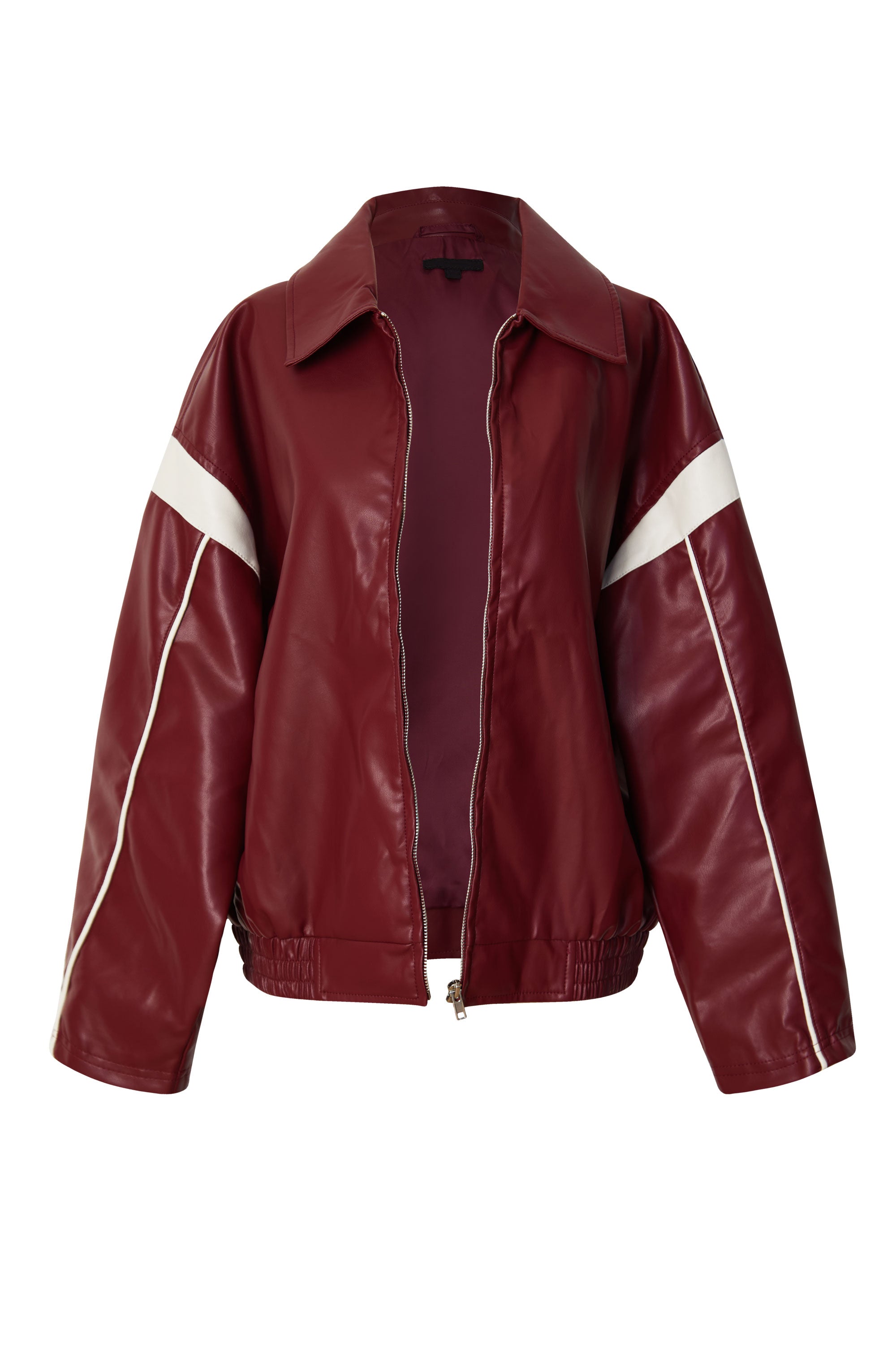 Eugenia Burgundy Vegan Leather Racer Jacket by Priceless