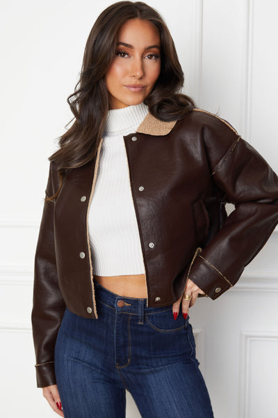 Torri Dark Chocolate Vegan Leather Jacket by Priceless