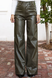 Olive Vegan Leather Flare Pants