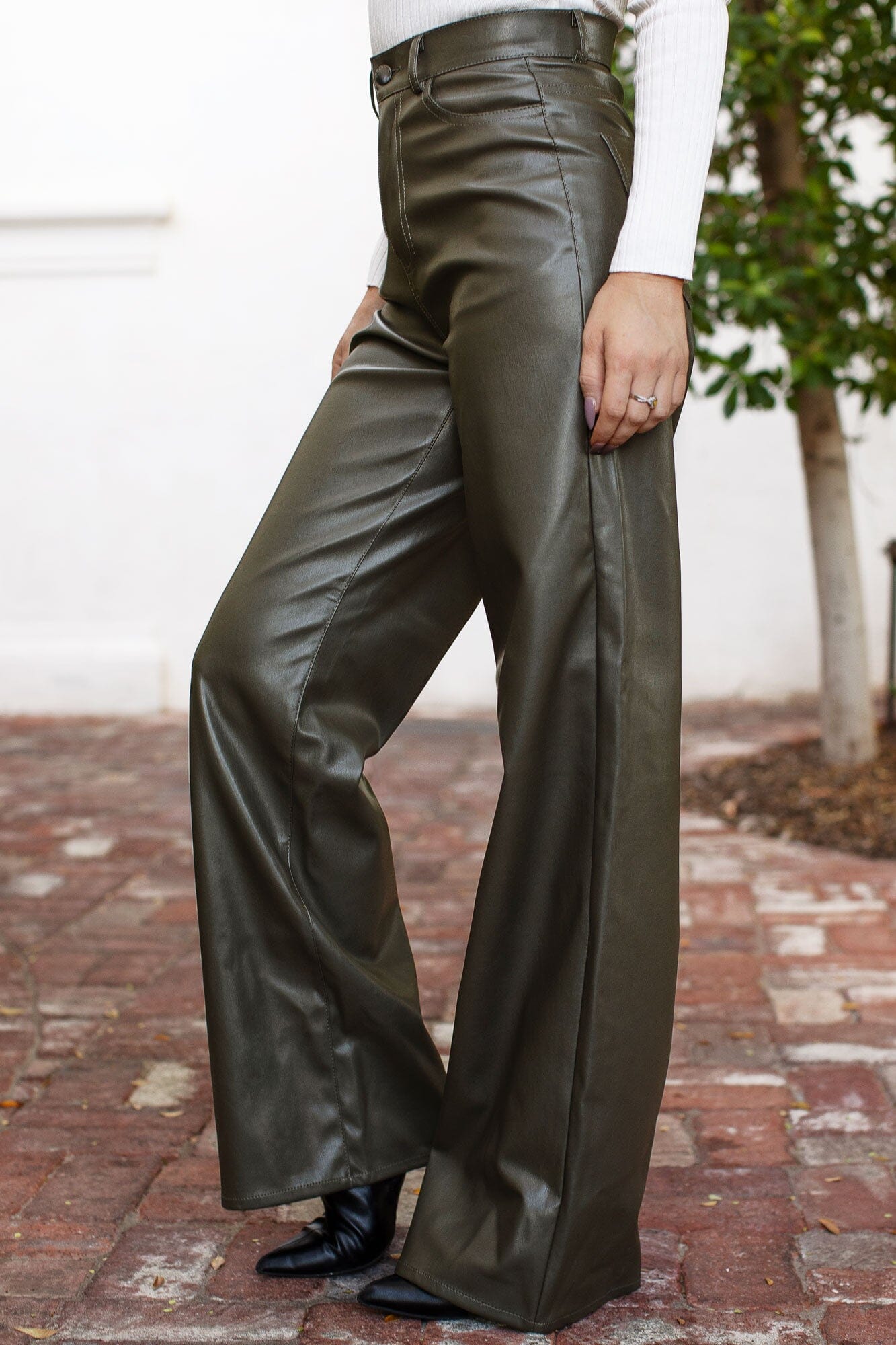 Olive Vegan Leather Flare Pants