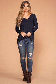 Missy Navy Long Sleeve V-Neck Top | Zenana