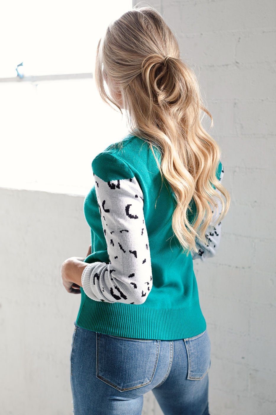 Teal White Leopard Sweater Top