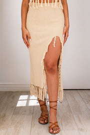 Natural Tassle Detail Midi Skirt