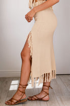 Natural Tassle Detail Midi Skirt