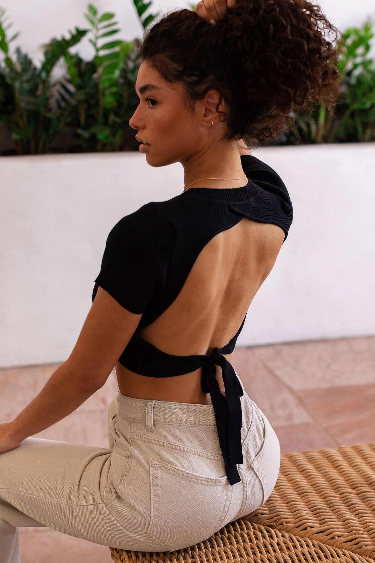 Black Soft Rib Backless Top, Backless Black Top