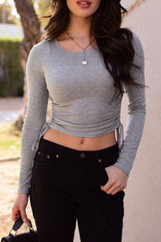 Heather Grey Ruched Long Sleeve Crop Top