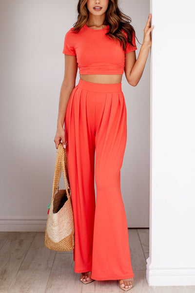 Dark Coral Crop Top And Palazzo Pant Set