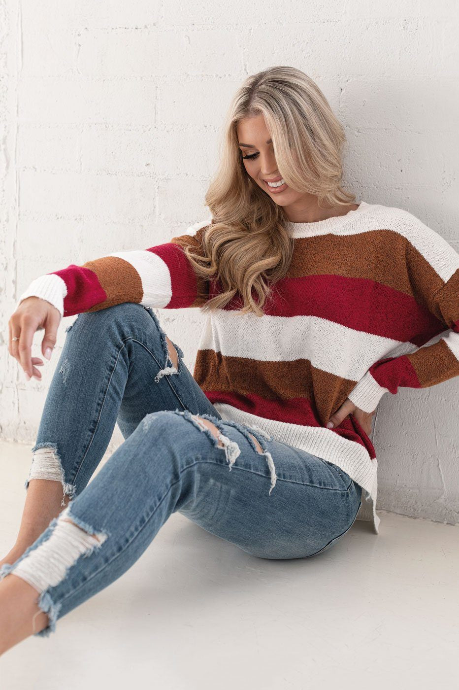 Burgundy and Tan Striped Sweater