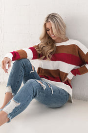 Burgundy and Tan Striped Sweater