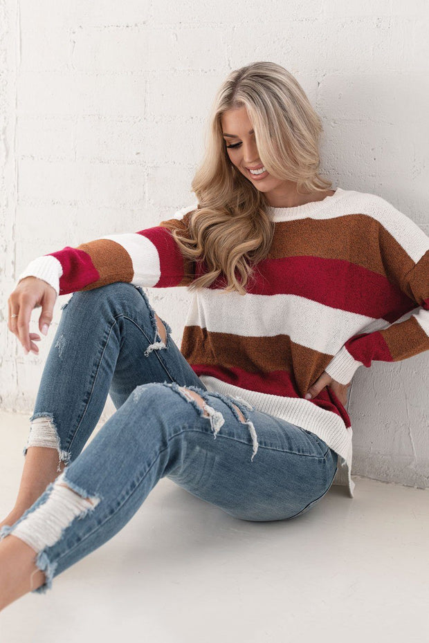 Burgundy and Tan Striped Sweater