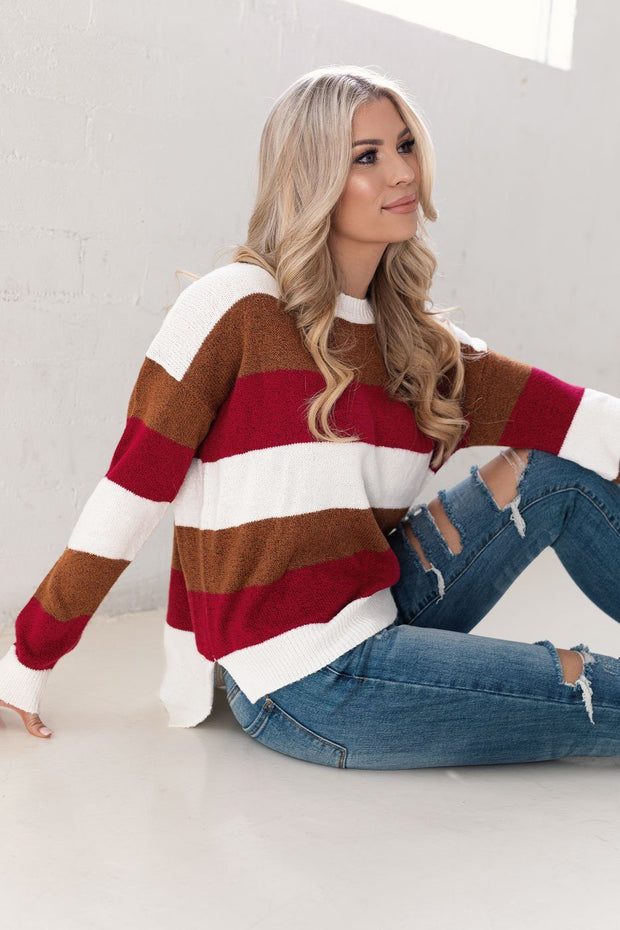 Burgundy and Tan Striped Sweater