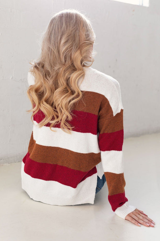 Burgundy and Tan Striped Sweater