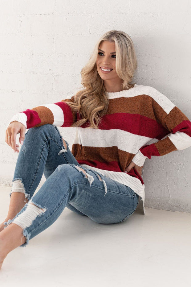 Burgundy and Tan Striped Sweater