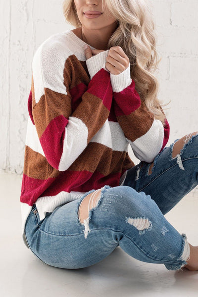 Burgundy and Tan Striped Sweater