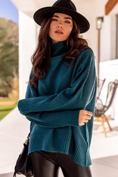 Teal Knit Turtleneck Sweater