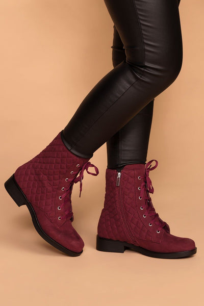 Burgundy | Combat Boots | Suede | Quilted | Priceless