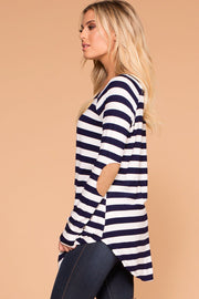 Navy Striped Elbow Patch Top