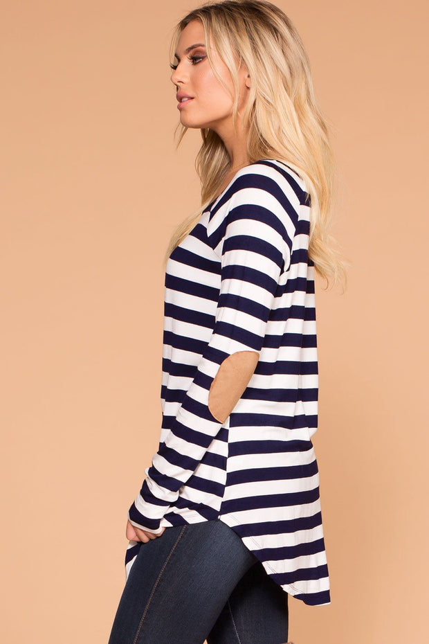 Navy Striped Elbow Patch Top