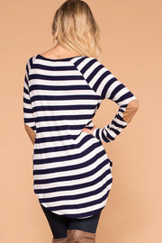 Navy Striped Elbow Patch Top