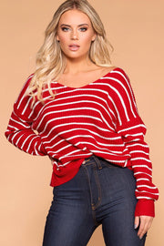 Red Stripe Twist Back Knit Sweater 