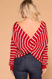 Red Stripe Twist Back Knit Sweater 