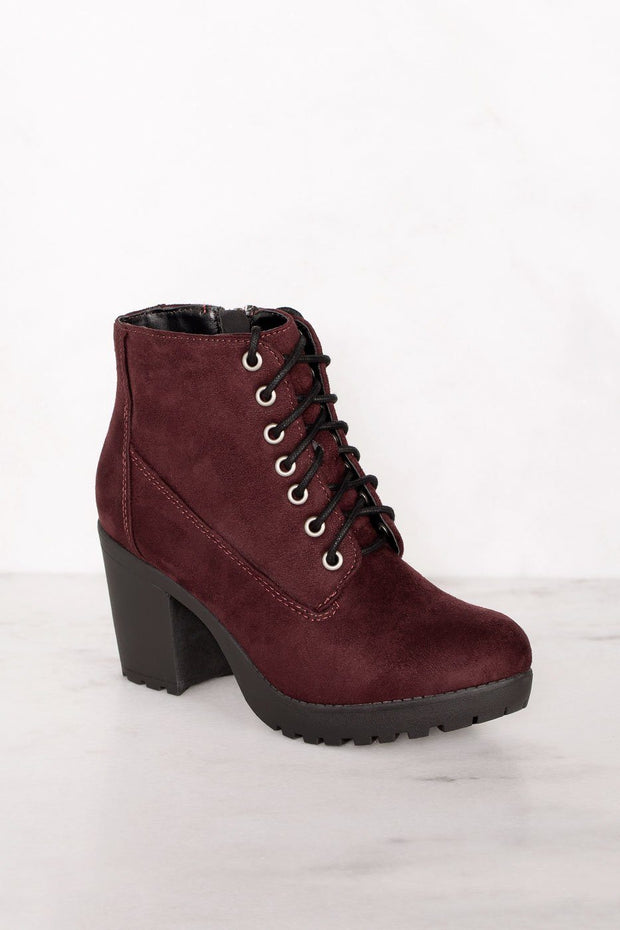 Charlize Burgundy Lace Up Booties | Shop Priceless