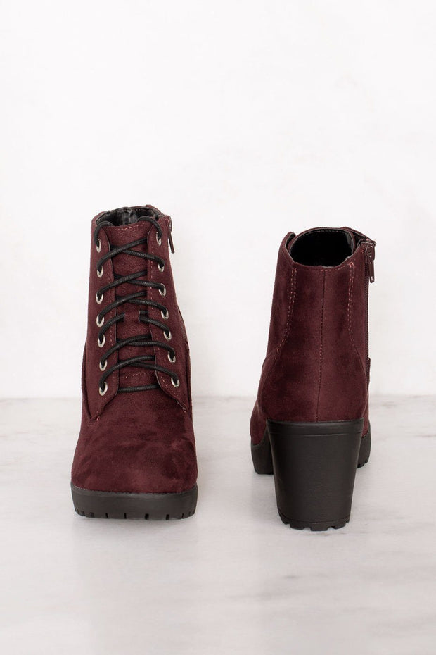 Charlize Burgundy Lace Up Booties | Shop Priceless