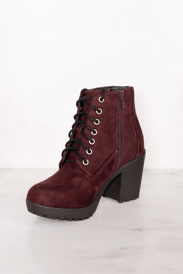 Charlize Burgundy Lace Up Booties | Shop Priceless