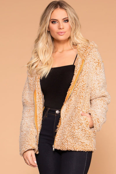 Mustard Sherpa Zip-Up Hoodie Jacket