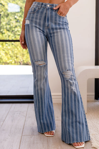 Striped Denim Bell Bottom Jeans