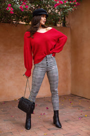 Red Balloon Sleeve Knit Sweater