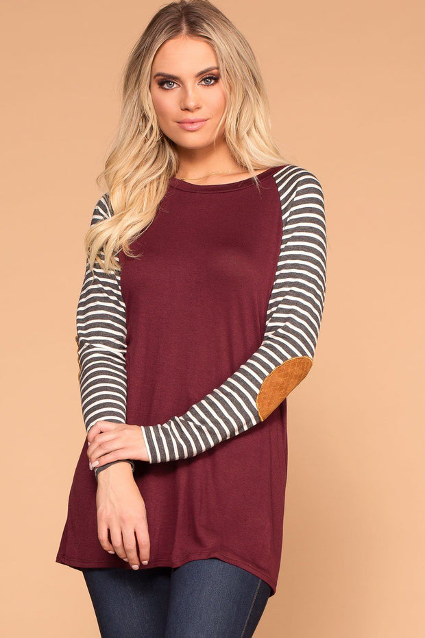 Burgundy Stripe Elbow Patch Long Sleeve Top