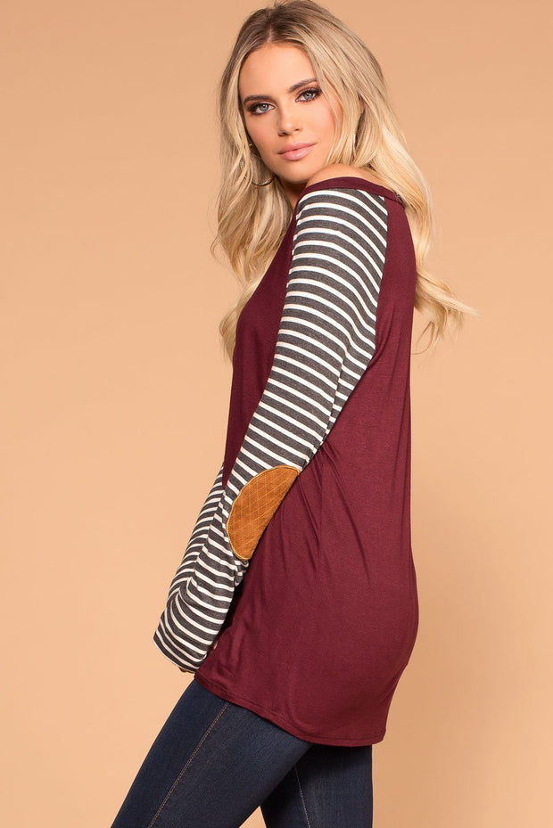 Burgundy Stripe Elbow Patch Long Sleeve Top