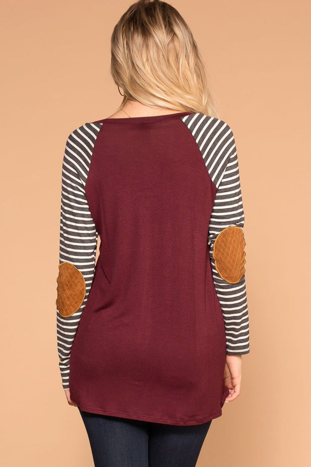 Burgundy Stripe Elbow Patch Long Sleeve Top
