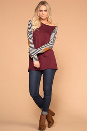 Burgundy Stripe Elbow Patch Long Sleeve Top