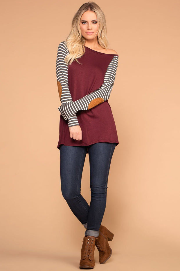 Burgundy Stripe Elbow Patch Long Sleeve Top