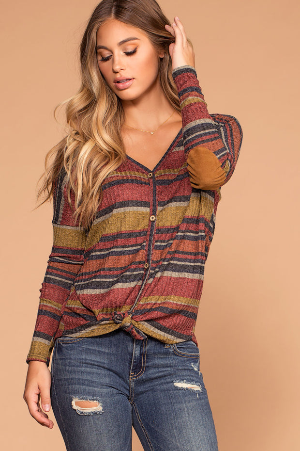 Fall Spice Rust Stripe Button Tie-Front Top