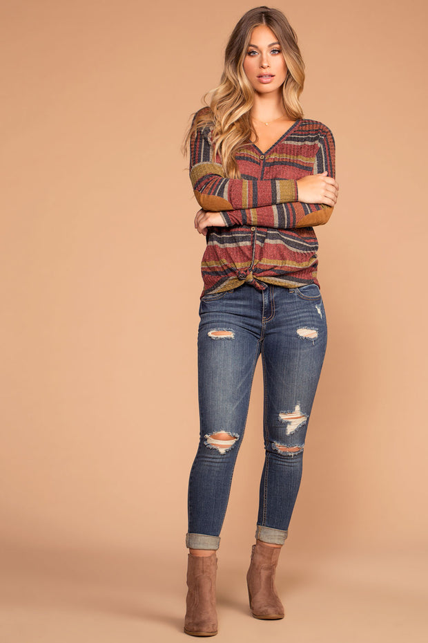 Fall Spice Rust Stripe Button Tie-Front Top