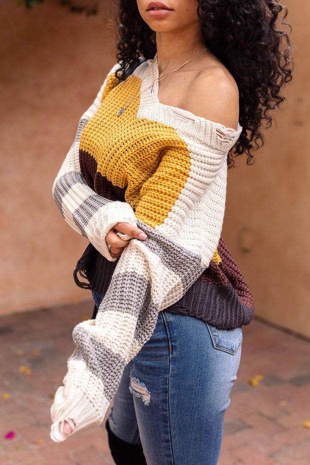  Colorblock Distressed Knit Sweater