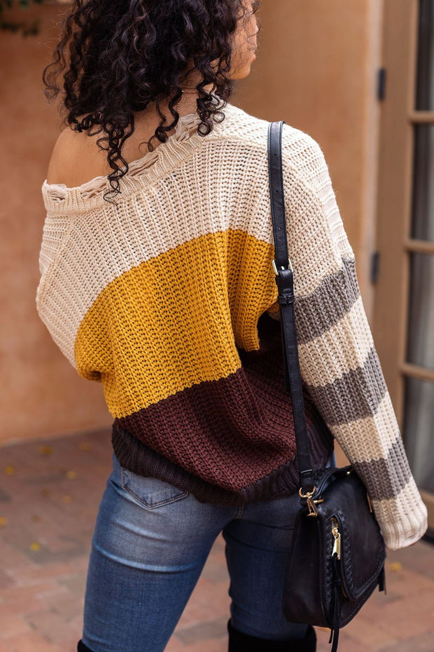  Colorblock Distressed Knit Sweater