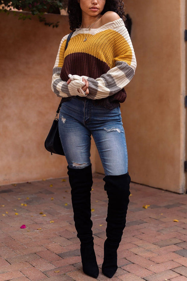  Colorblock Distressed Knit Sweater