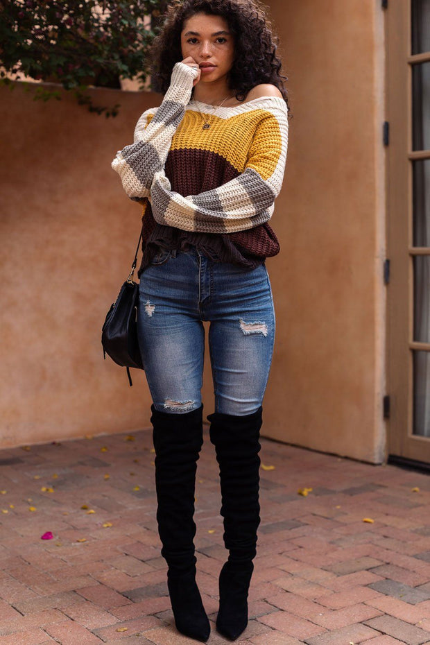  Colorblock Distressed Knit Sweater