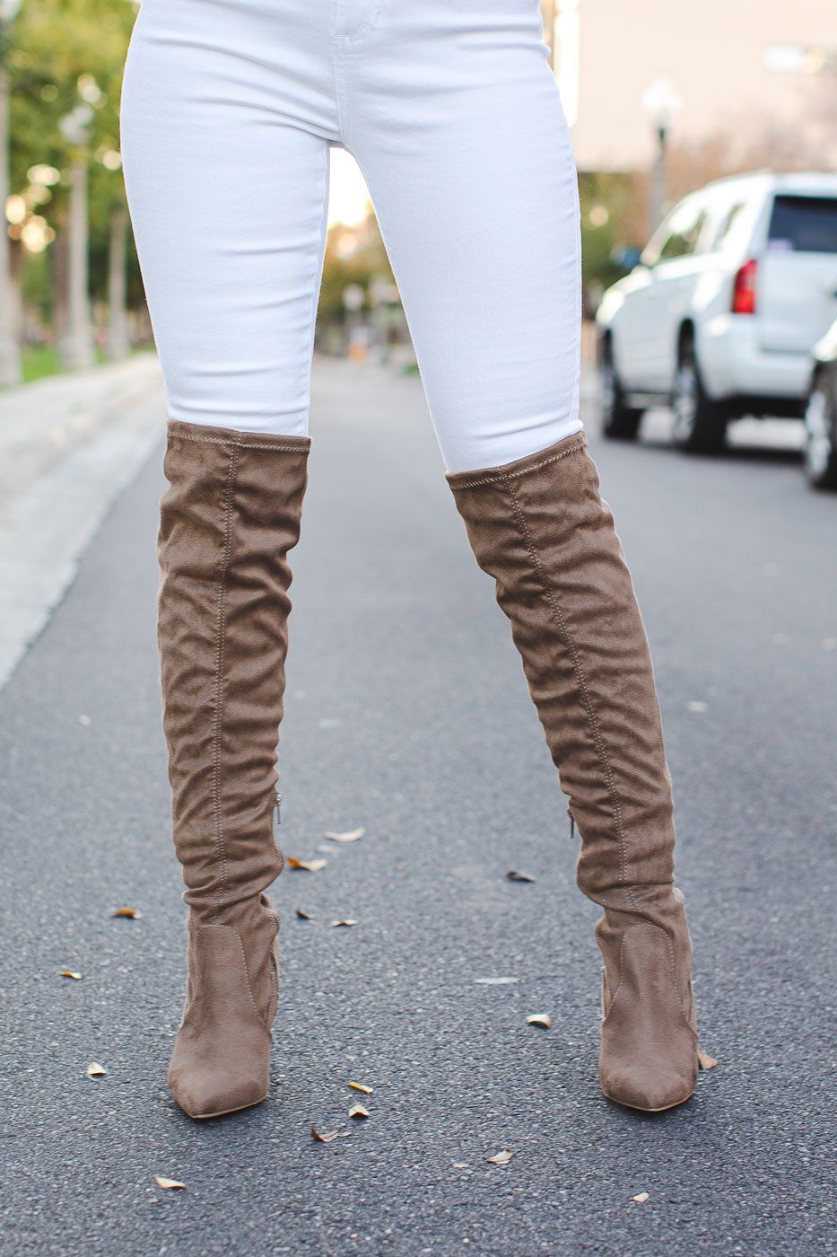 Taupe over the knee suede boots top