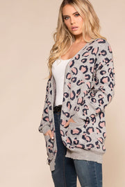 Grey Leopard Print Knit Cardigan