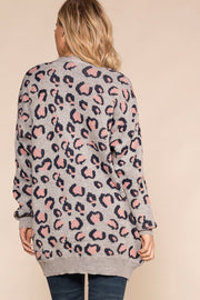 Grey Leopard Print Knit Cardigan
