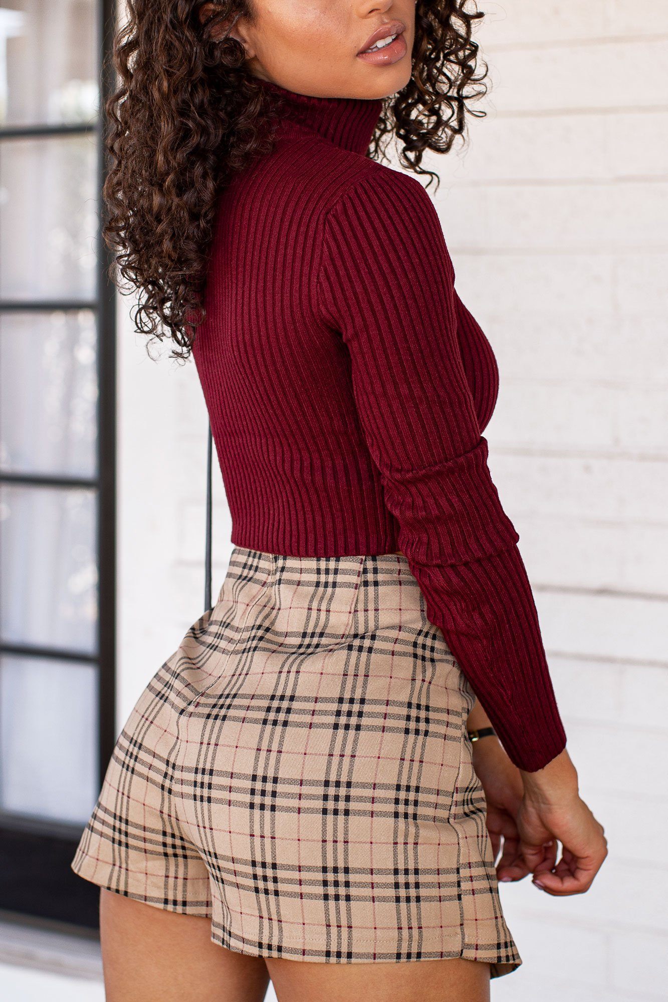 Burgundy Ribbed Crop Turtleneck Top