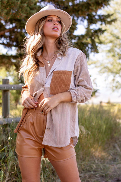 Henri Camel Corduroy Colorblock Shacket