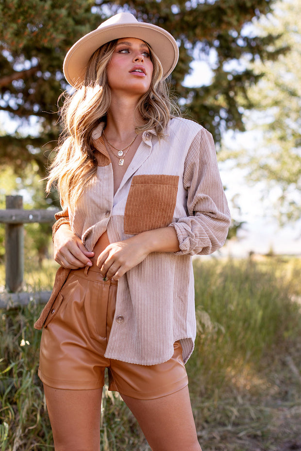Henri Camel Corduroy Colorblock Shacket
