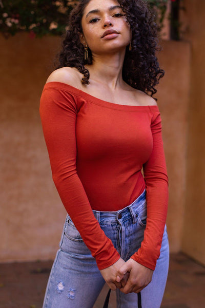 It's A Good Day Rust Off The Shoulder Bodysuit