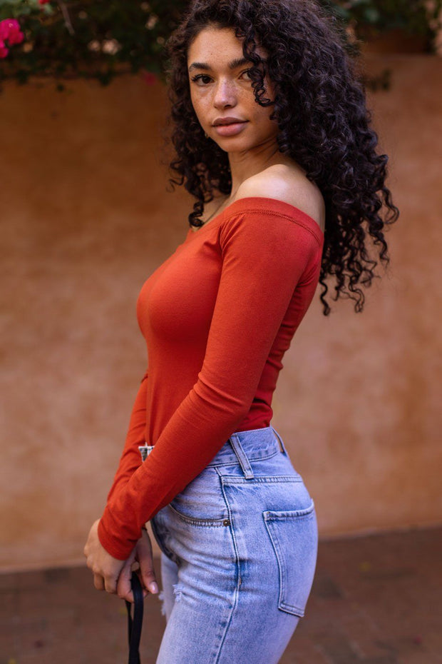 It's A Good Day Rust Off The Shoulder Bodysuit